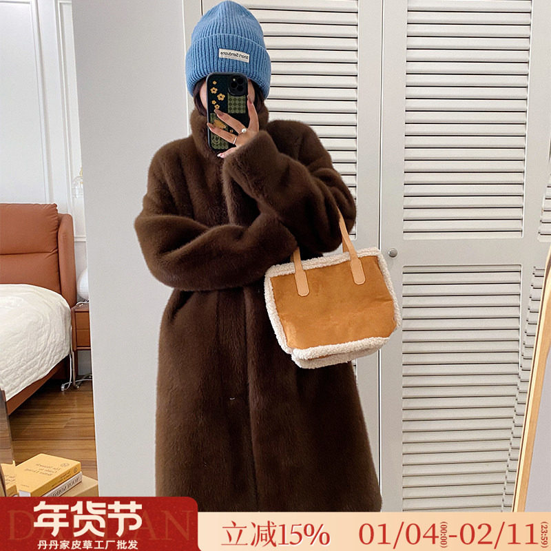 仿天鹅绒貂皮大衣皮毛一体立领长款金貂绒环保皮草女冬季毛毛外套