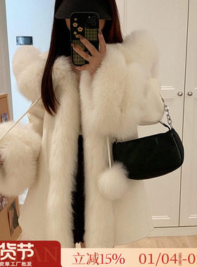 软萌球球双面呢羊绒大衣真狐狸毛领韩版斗篷中长款皮草女毛呢外套