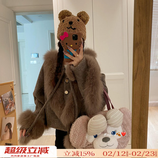 可爱风小个子粗纺毛呢外套2025年冬季新款蝙蝠袖短款狐狸毛皮草女