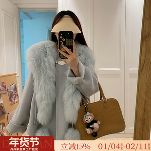特价可拆卸狐狸毛领围脖全羊毛双面呢羊绒大衣秋冬新款毛呢外套女