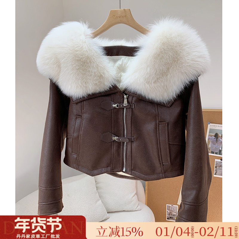 美拉德风大狐狸毛领外套机车服2024冬季新款麂皮绒鹅绒内胆皮草女,女装/女士精品,皮草,淘宝优惠券,粉丝福利购,淘宝优惠卷