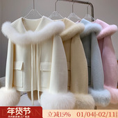 双面呢 狐狸毛领2025秋冬新款 韩版 少女 短款 皮草女毛呢外套大衣