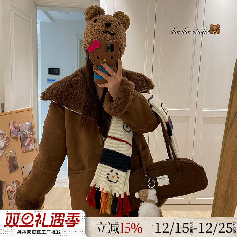 麂皮绒皮毛一体中长款皮草夹克女