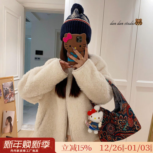 韩系简约V领拉链款纯羊羔毛外套