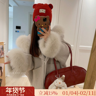 甜乖小个子韩系双面呢大衣2025新款狐狸毛领蝙蝠袖皮草女毛呢外套