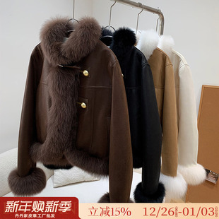 狐狸毛皮草外套女机车小个子2025新款 麂皮绒鹅绒内胆羽绒夹克爆款