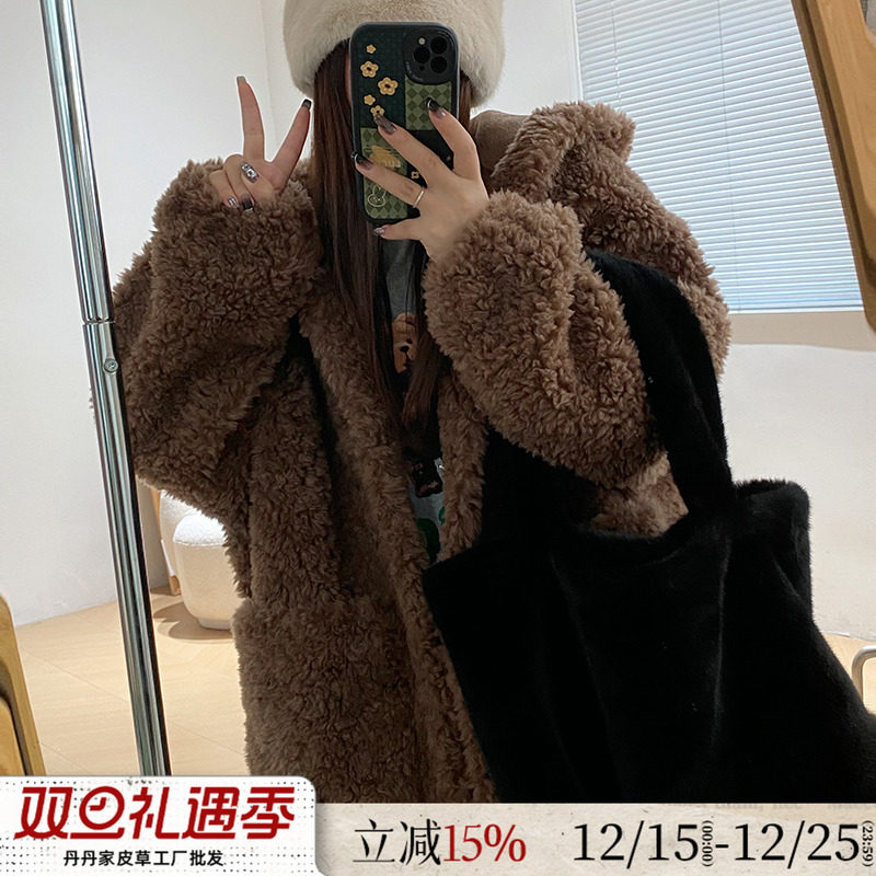 羊羔毛宽松慵懒连帽韩版皮毛一体毛毛外套女2025冬季新中长款皮草