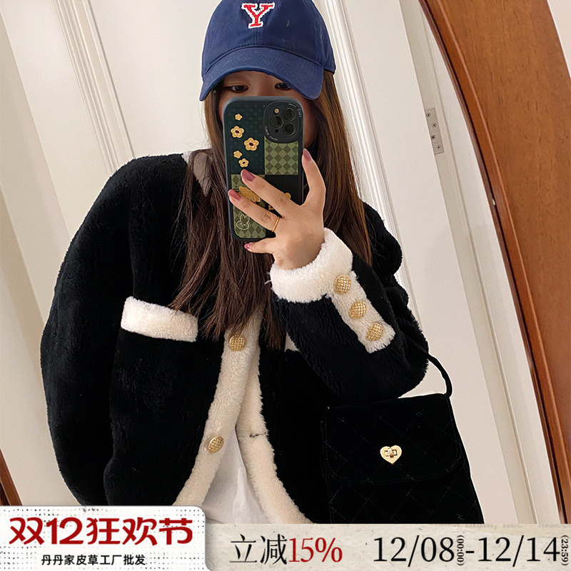 特价羊羔毛小香风秋冬新款羊剪绒皮毛一体圆领短款撞色皮草外套女