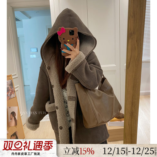 冬季保暖/麂皮绒连帽双面穿皮草