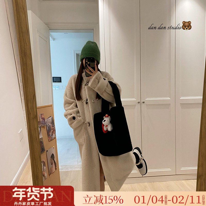 梦想家立领休闲水貂绒皮毛一体环保皮草牛角扣冬季大衣毛毛外套女