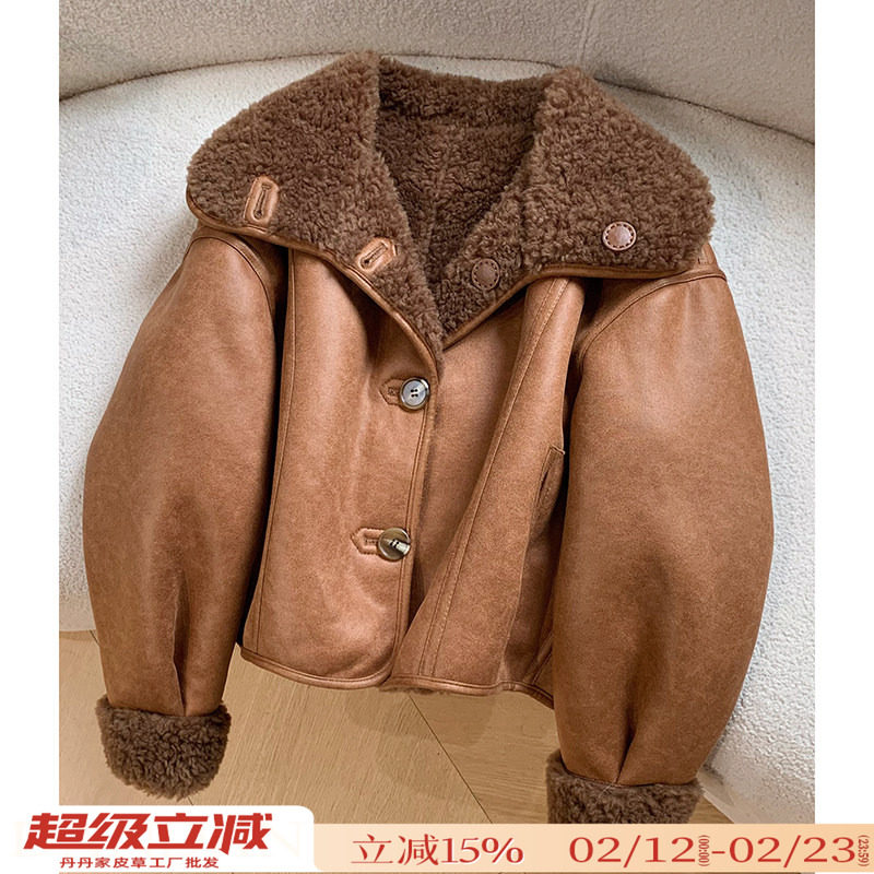 韩系大翻领两面穿羊羔毛皮毛一体皮草女冬季复古夹克上衣毛毛外套