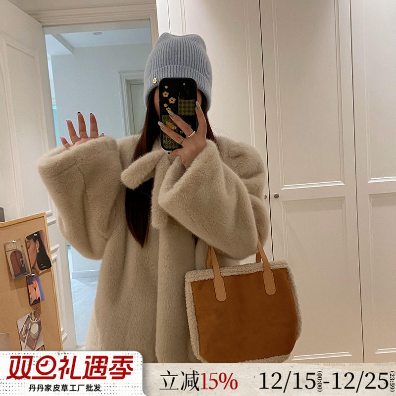 系带环保水貂毛皮草女冬毛毛外套