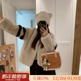 毛毛外套年轻款 特价 环保皮草女冬季 V领短款 条纹水貂绒皮毛一体