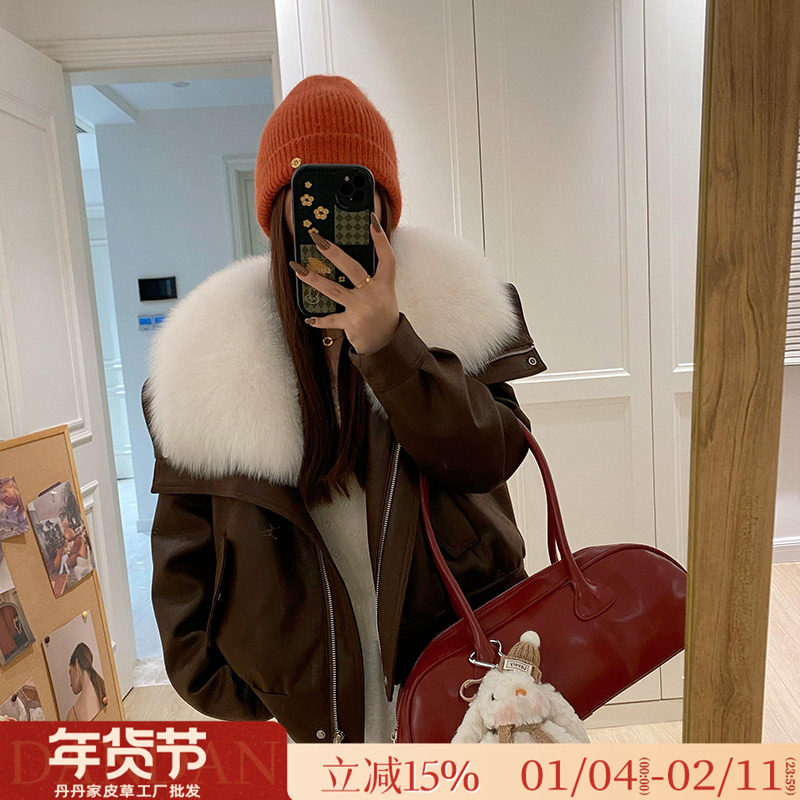 整皮狐狸毛海宁皮草外套女2025冬季新款鹅绒内胆麂皮绒夹克年轻款
