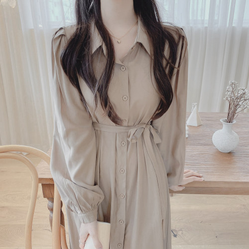 Korean solid color simple waistband lace up mid length dress