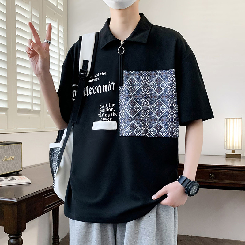 港风夏款大码拉链翻领宽松印花短袖T恤POLO衫青少年男YJY9608-P36,男装T恤,星座1206（原A206）