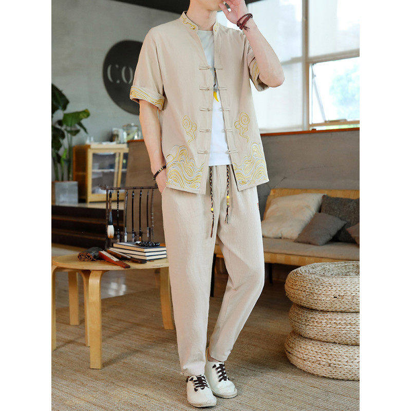 风男装夏季短袖开衫套装男汉服套装一套HJQ717-P65,男装休闲套装,星座1206（原A206）