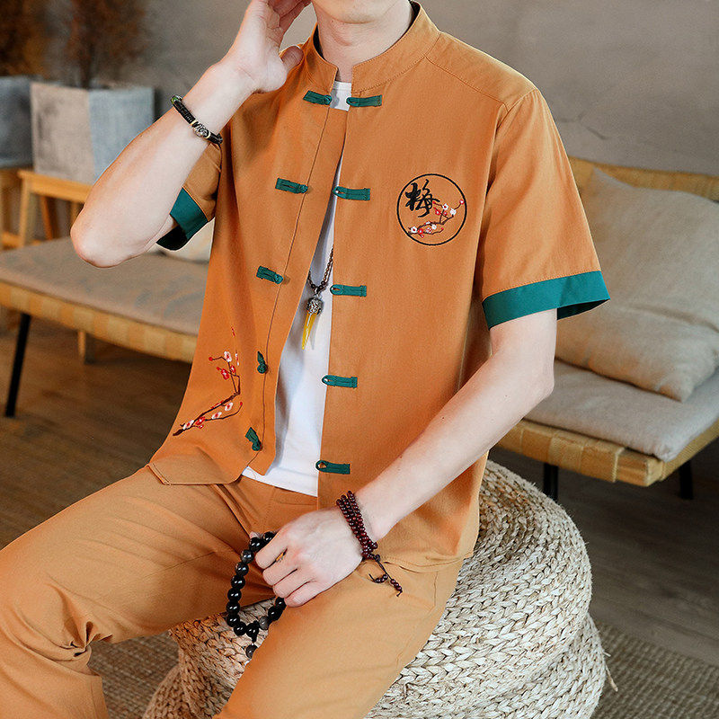 新中式夏季服短袖唐装套装男刺绣立领汉服男九分裤YK121-P65,男装休闲套装,星座1206（原A206）