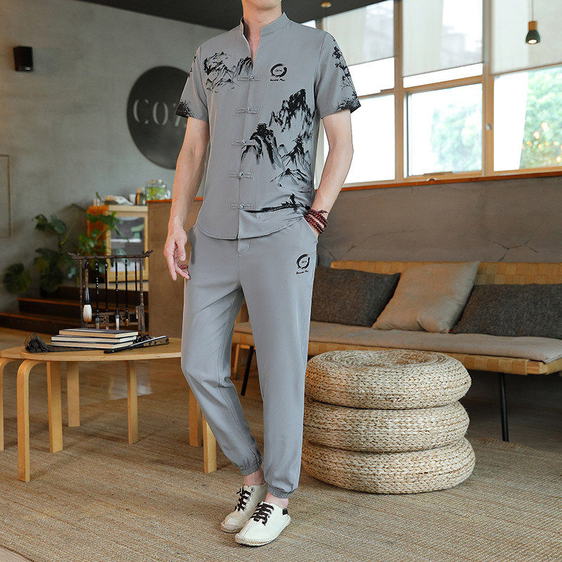 风短袖套装男印花韩版修身汉服男YK126-P52,男装休闲套装,星座1206（原A206）