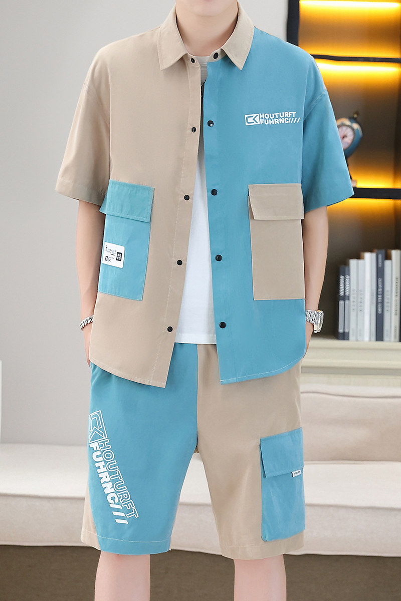 青少年学生男夏季新款衬衫百搭宽松开衫短袖短裤套装TZ7033-P55,男装休闲套装,星座1206（原A206）
