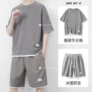 套装华夫格短袖T恤男夏季日系宽松上衣短裤百搭情侣装一套E03-P35图片