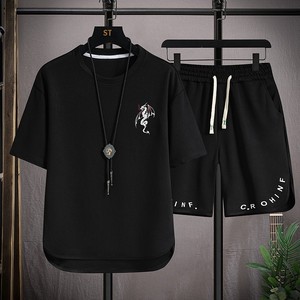 夏季短袖套装印花男圆领五分裤套装华夫格YK119-P45图片