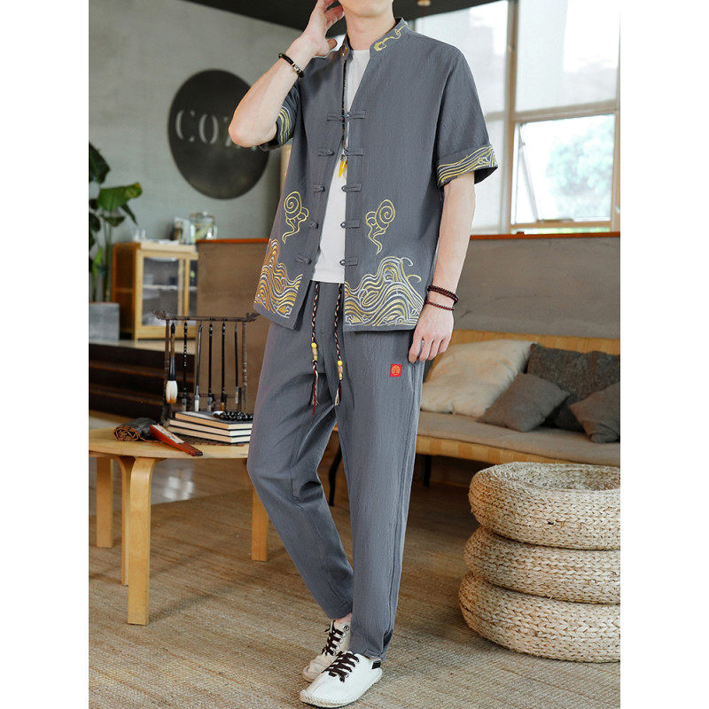 风男装夏季短袖开衫套装男汉服套装一套HJQ717-P65，男装休闲套装，星座1206（原A206）