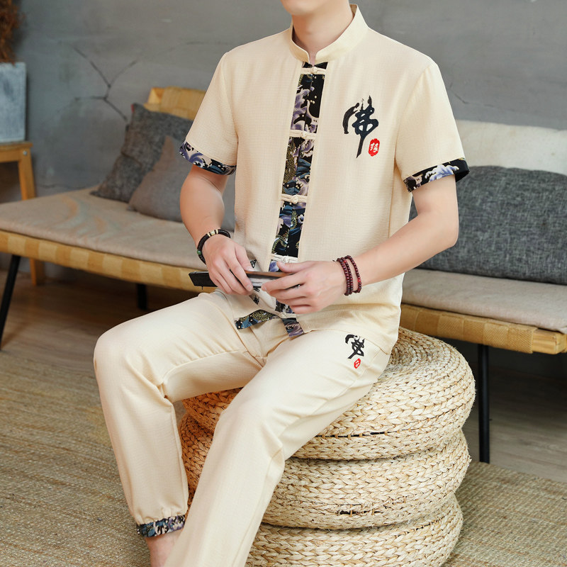 新款风男士开衫棉麻刺绣长裤套装复古两件套男TZ02311-P50,男装休闲套装,星座1206（原A206）