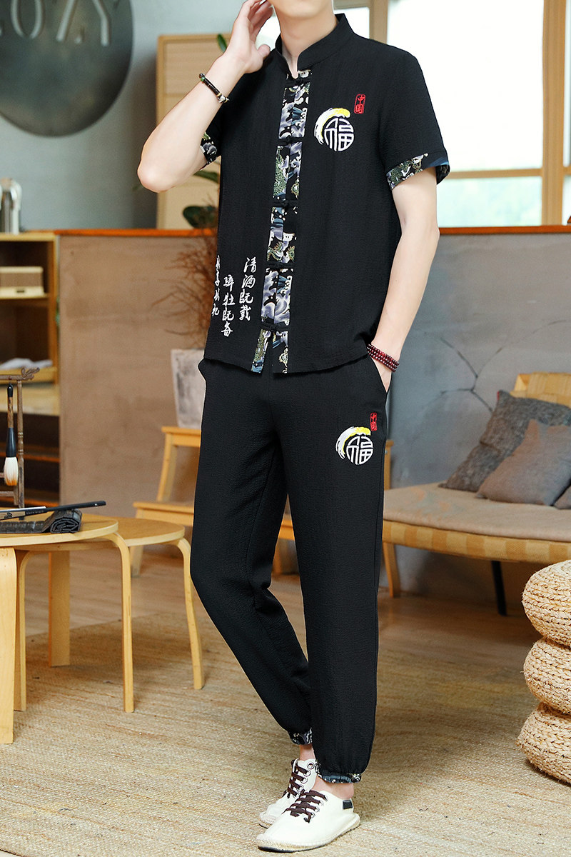 新款风男士开衫棉麻刺绣长裤套装复古两件套男TZ02310-P50,男装休闲套装,星座1206（原A206）