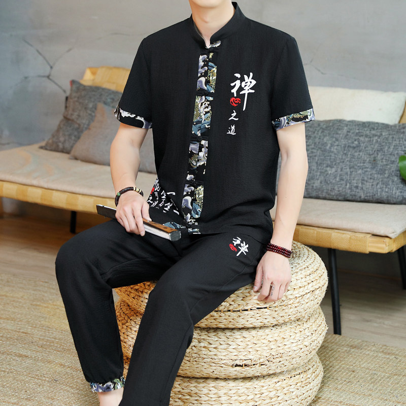 新款风男士开衫棉麻刺绣长裤套装复古两件套男TZ02312-P50图片