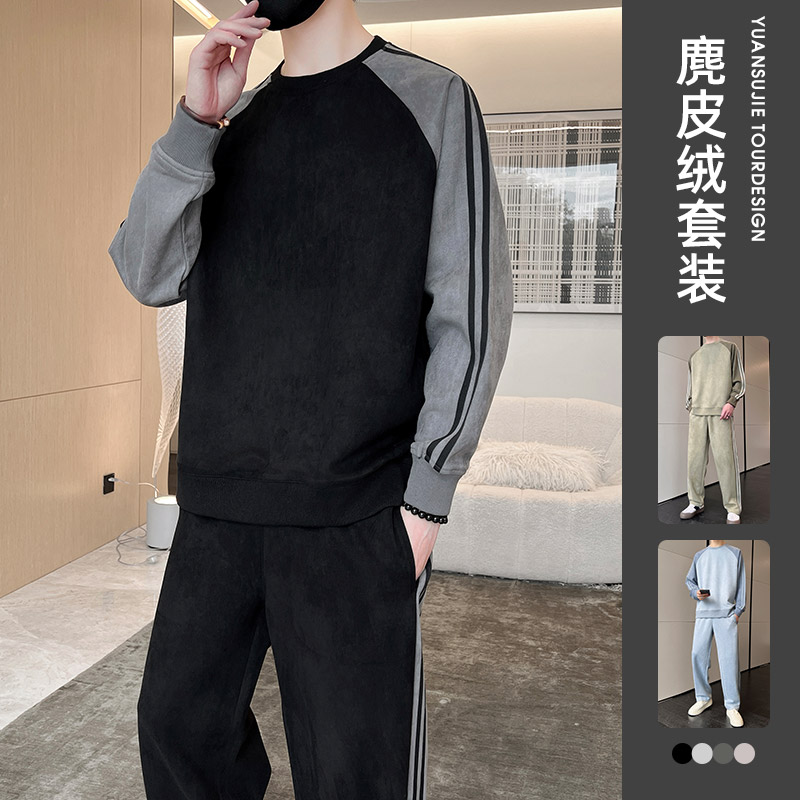 麂皮绒套装男秋季新款韩版潮流拼色休闲运动长袖外套两件套P70图片