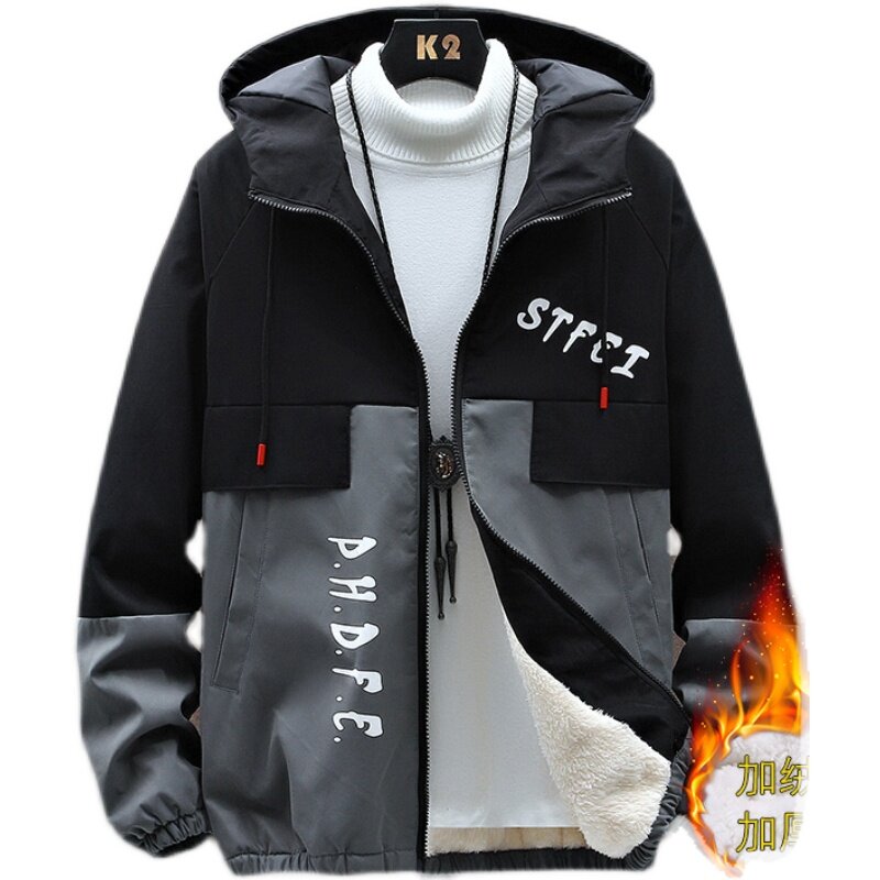 主推加绒加厚夹克男士拼接连帽韩版冬季外套潮流jk047加绒-P45,男装夹克,星座1206（原A206）