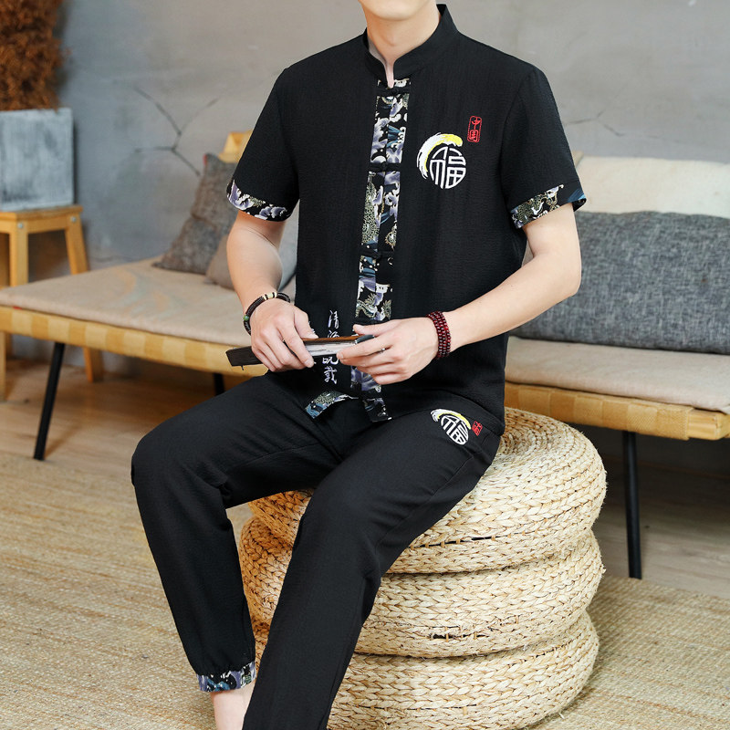 新款风男士开衫棉麻刺绣长裤套装复古两件套男TZ02310-P50,男装休闲套装,星座1206（原A206）