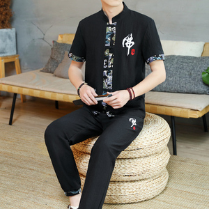 新款风男士开衫棉麻刺绣长裤套装复古两件套男TZ02311-P50图片