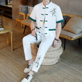 新中式夏季服短袖唐装套装男刺绣立领汉服男九分裤，男装休闲套装，星座1206（原A206）