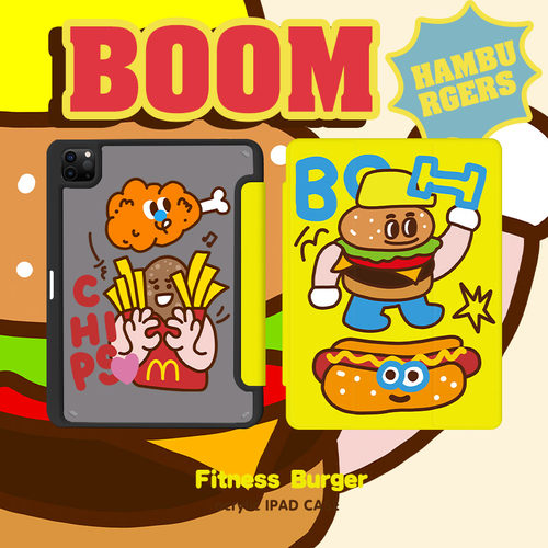 和风猫饭原创汉堡薯条黄色iPad保护壳亚克力笔槽旋转10.2寸Pro11寸12.9寸mini6新款10代10.9寸华为11