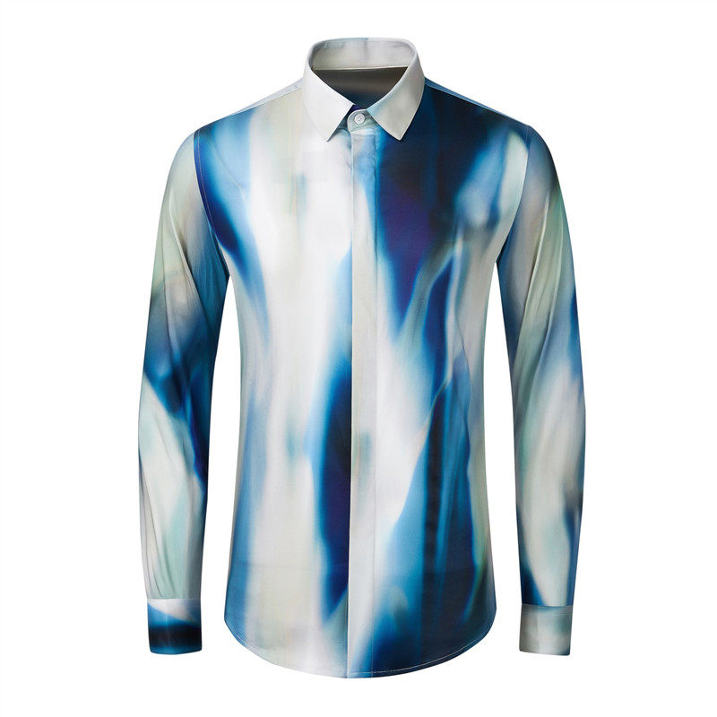 欧美轻奢男装水墨扎染海蓝撞色印花长袖衬衫全棉民族风修身衬衣潮