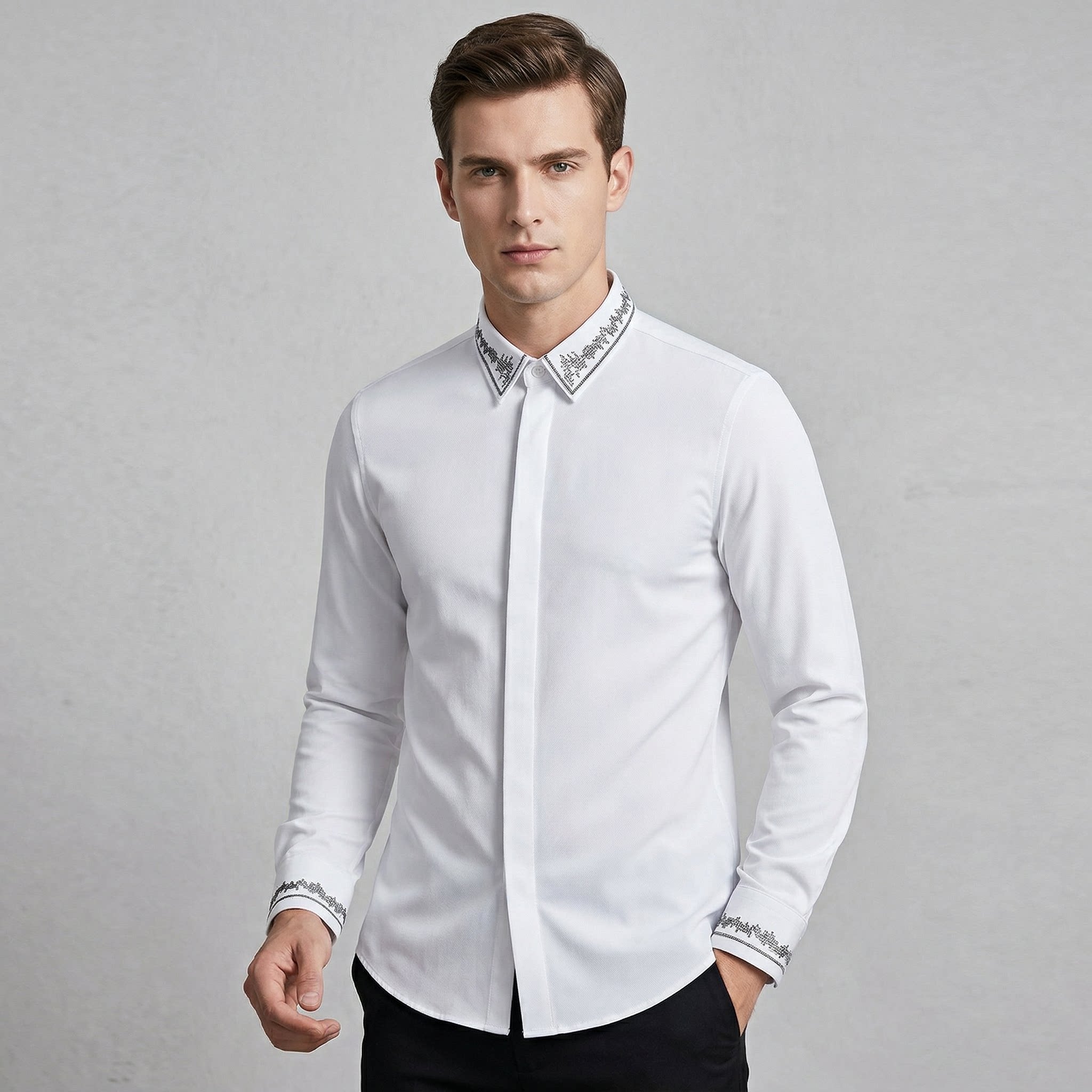 欧美轻奢男装领子袖口金属银线刺绣长袖衬衫高级感透气修身衬衣潮