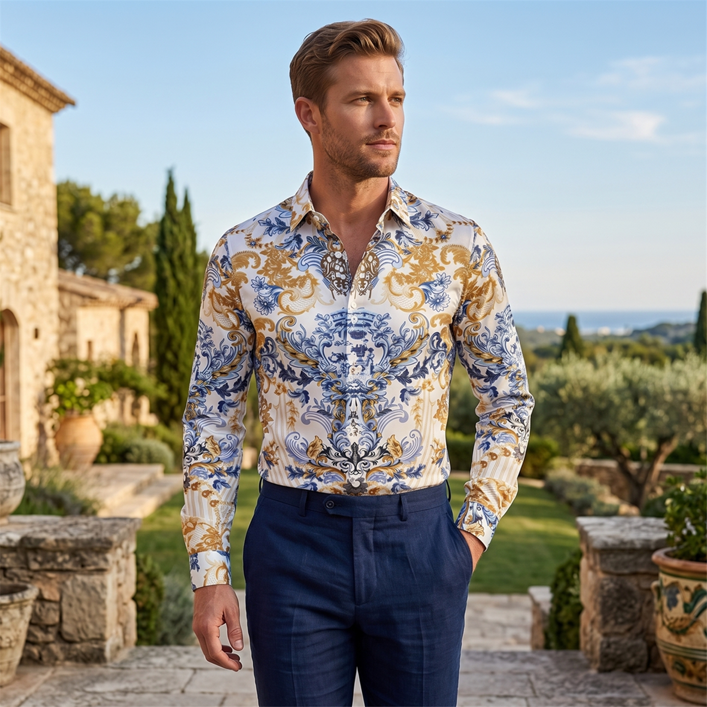 欧美轻奢男装宫廷花卉数码印花长袖衬衫高级感抗皱免烫修身衬衣潮