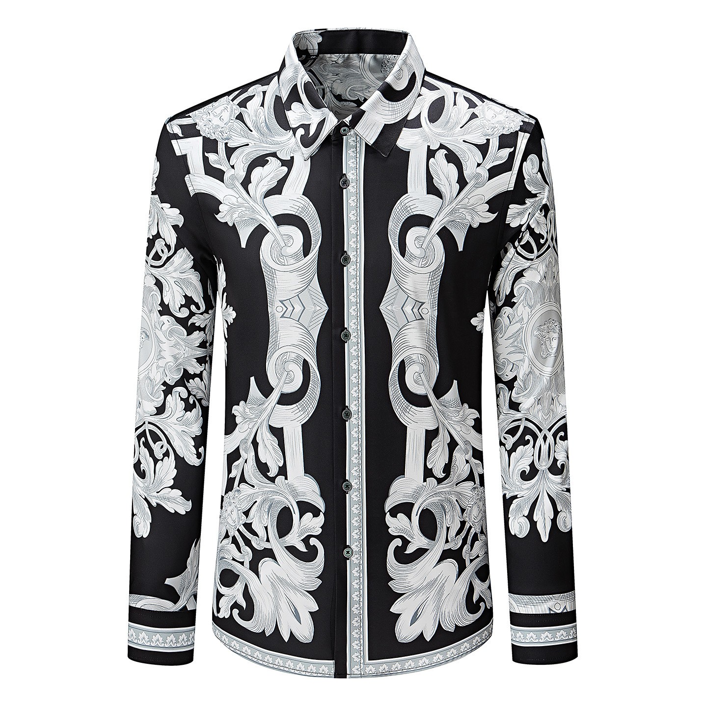 欧美轻奢男装宫廷风人物花卉印花长袖衬衫高端免烫抗皱修身衬衣