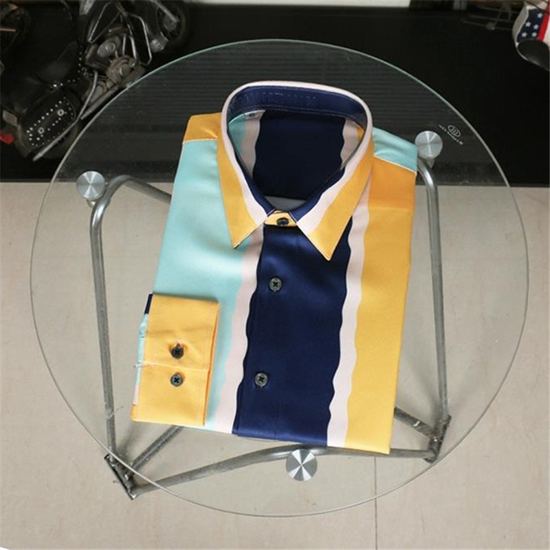 欧美长袖衬衫条纹撞色商务休闲