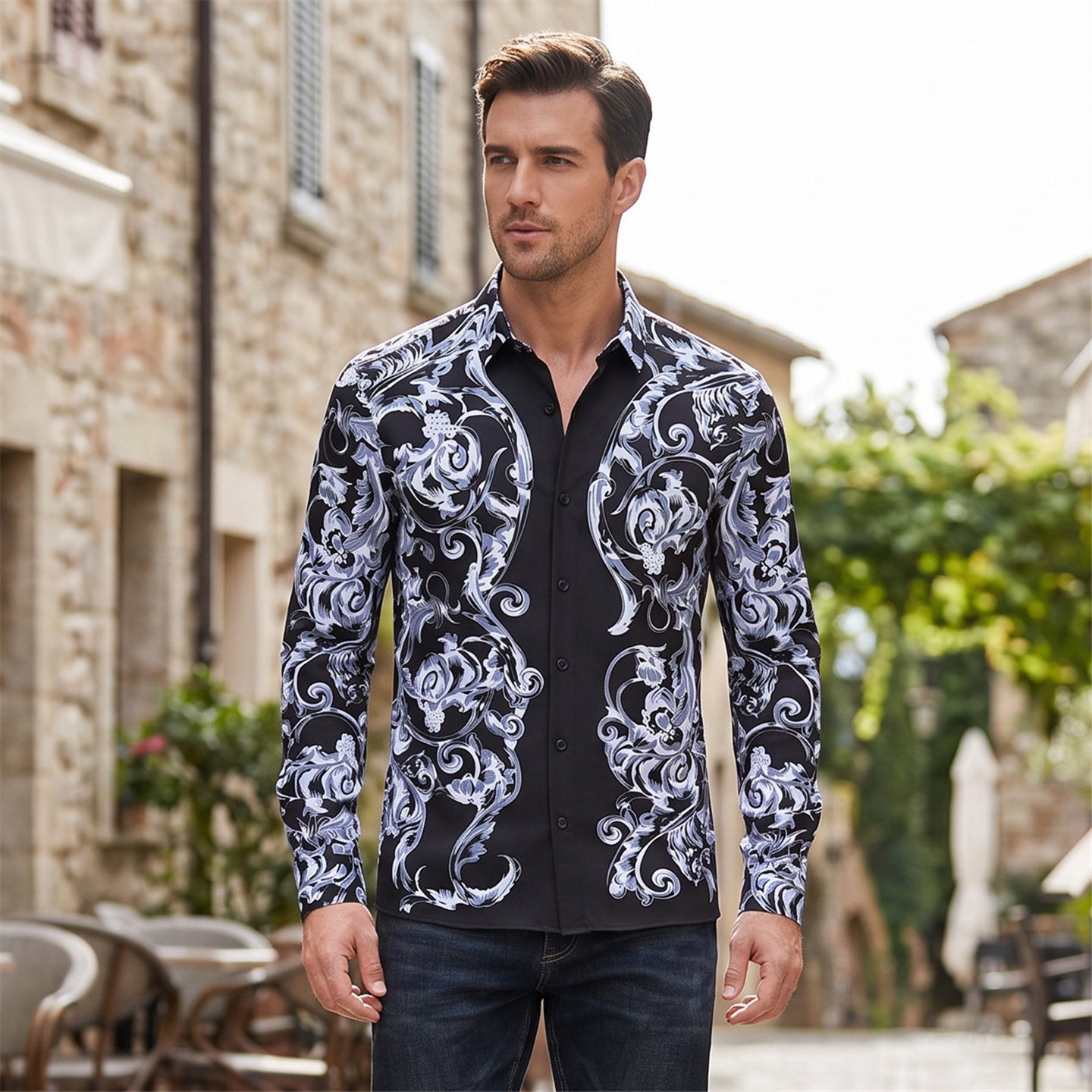 欧美轻奢男装高清宫廷花卉数码印花长袖衬衫高级感免烫修身衬衣潮