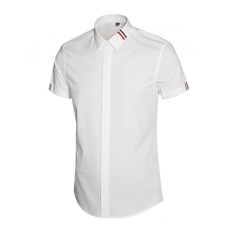 欧美轻奢男装领子袖口条纹织带短袖衬衫商务修身免烫半截袖衬衣潮