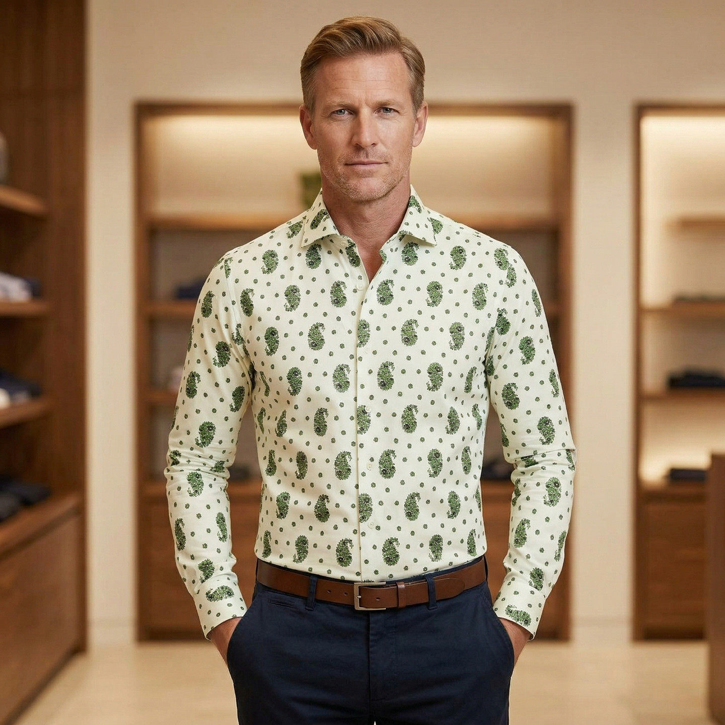 欧美男装高端腰果花商务时尚休闲长袖衬衫轻奢纯亚麻复古修身衬衣