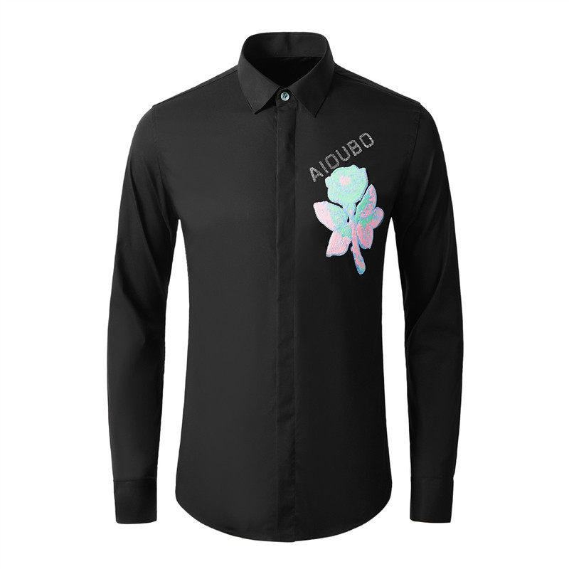 欧美轻奢男装字母烫钻毛巾布玫瑰花刺绣长袖衬衫时尚花朵修身衬衣