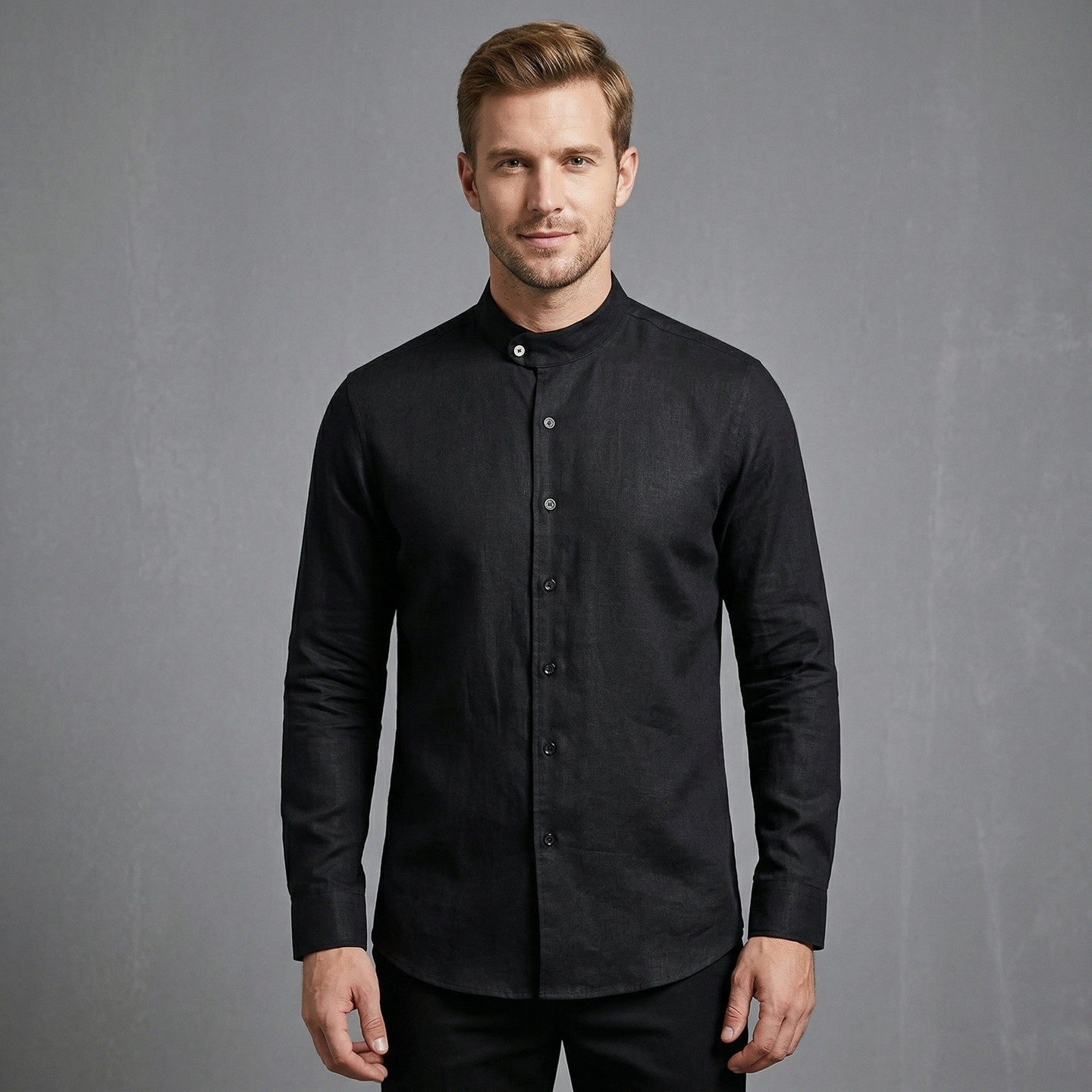 欧美男装高端新中式商务休闲纯亚麻垂感衬衣老钱风小立领长袖衬衫