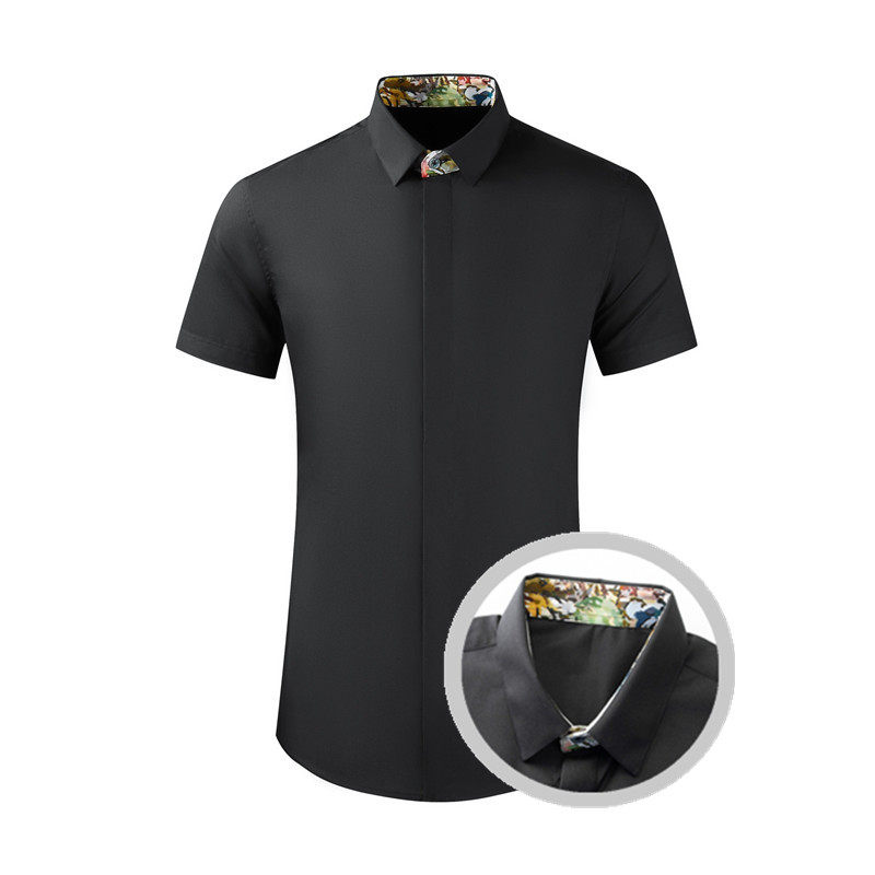 欧美轻奢男装领底花卉贴布撞色短袖衬衫高端商务休闲修身半袖衬衣