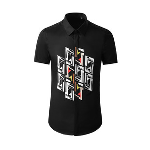 欧美轻奢潮牌男装双F字母拼色烫画短袖衬衫时尚纯棉休闲黑色衬衣