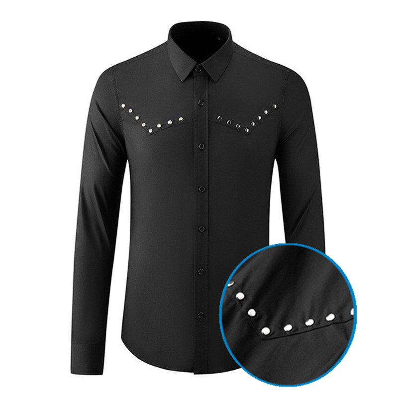 欧美轻奢男装手工圆点金属铆钉线条拼接长袖衬衫时尚休闲修身衬衣