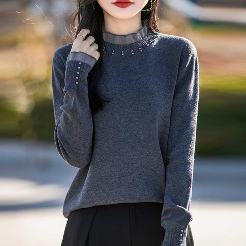 撤标撤柜蕾丝打底衫女春秋洋气针织上衣大码女装秋冬内搭钉珠毛衣